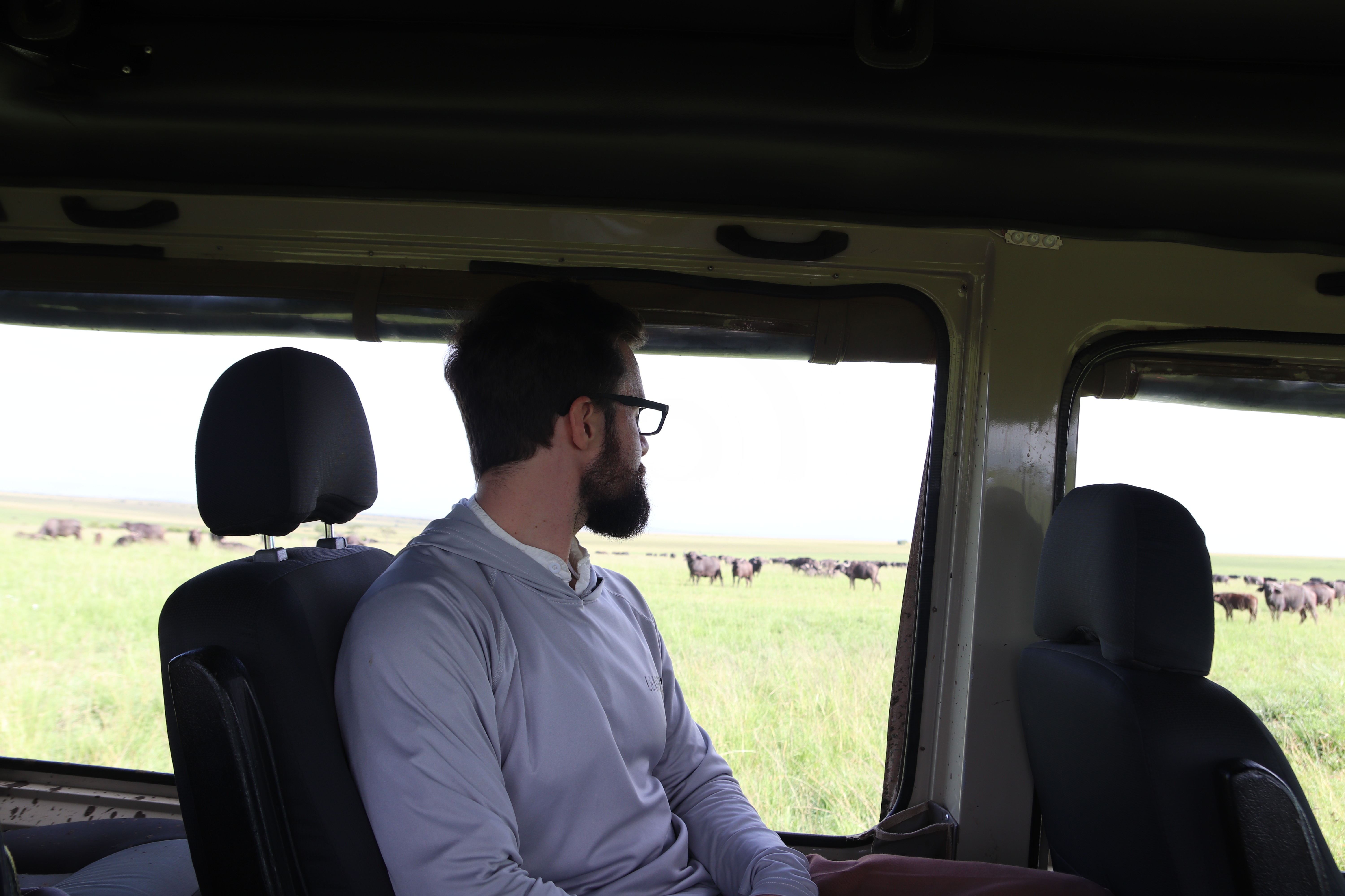 Michael in the safari vehicle with wildebeest behind him