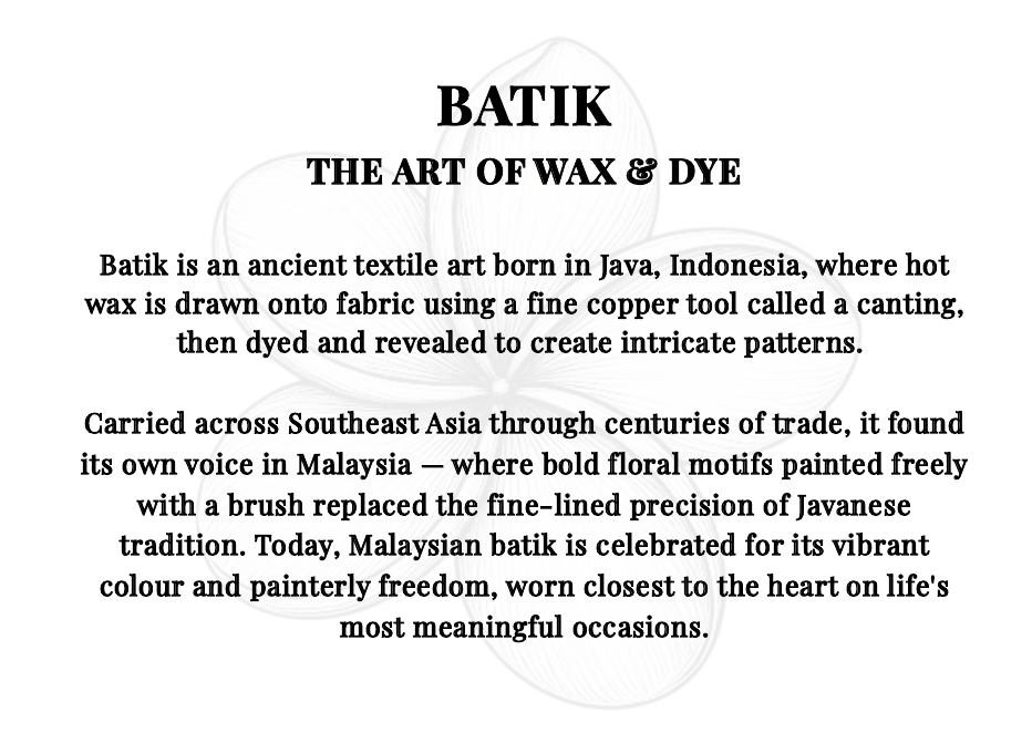 Batik information card explaining the art of wax and dye and Malaysian batik tradition