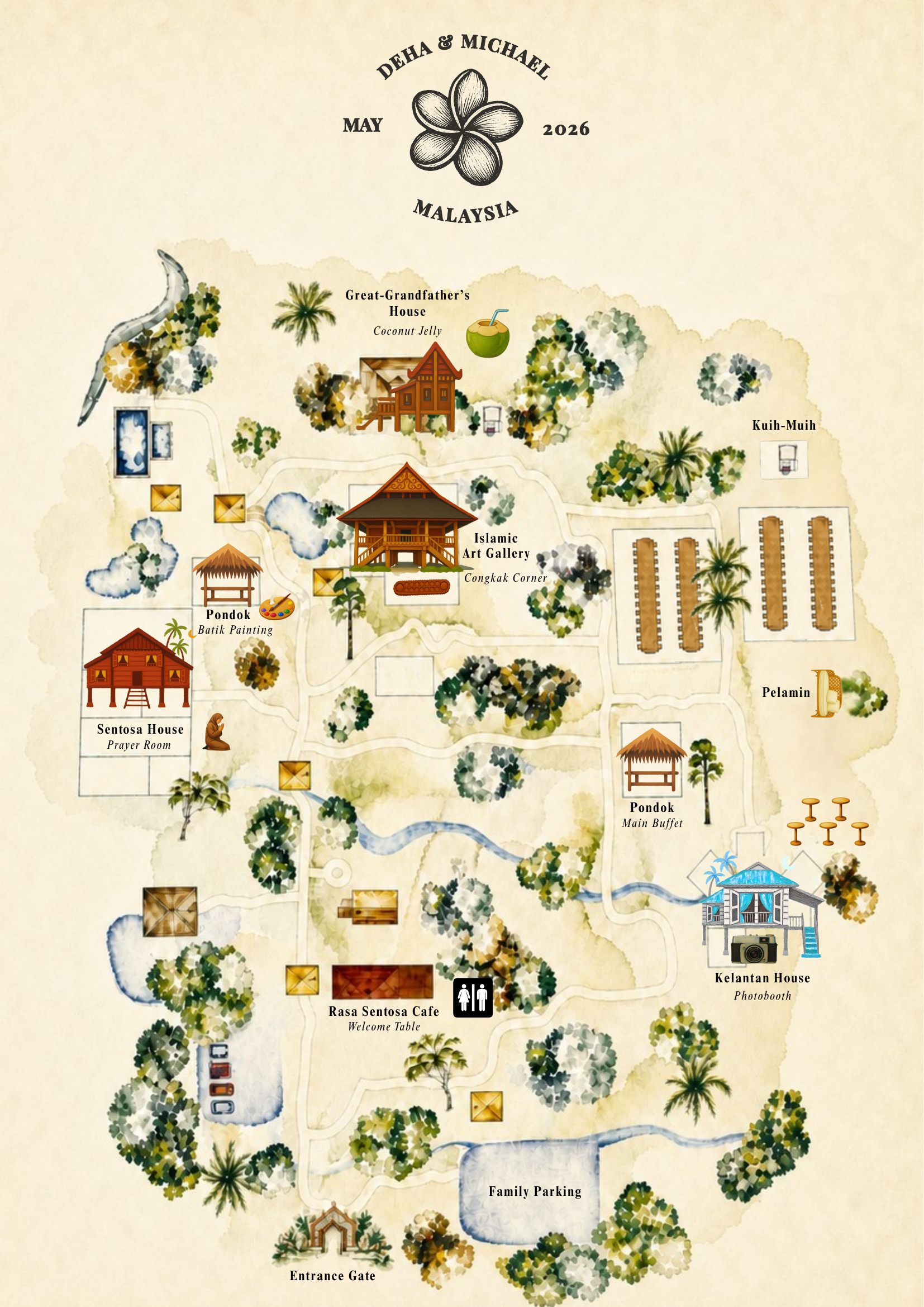 Watercolor map of the Sentosa wedding grounds with family houses, food, games, and gathering places labeled